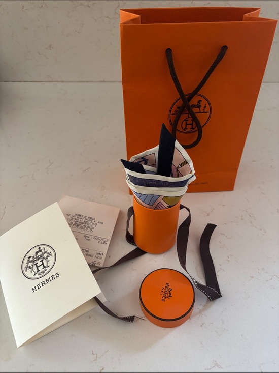 Hermes Accessories - Hermes Multicolor Silk Pocket Square with Navy Trim